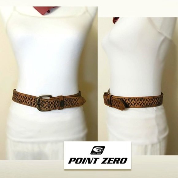 POINT ZERO Unisex Belt Brown Genuine Leather Hollow Geometric Motifs Boho Vtg. - Picture 2 of 11